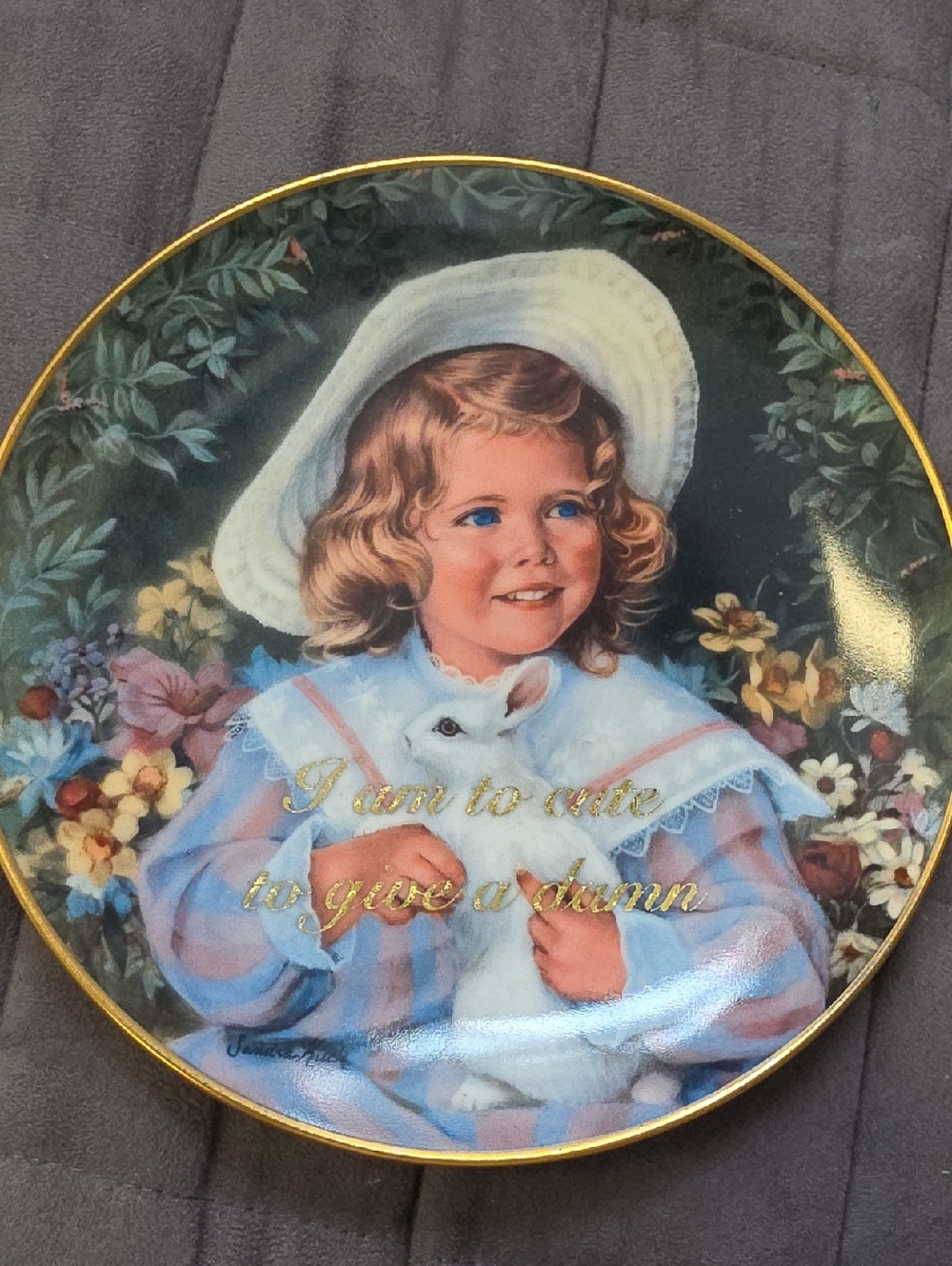 Vintage Decorative Plate with Girl and Bunny - Pastel Blue & Pink Funny Quotes